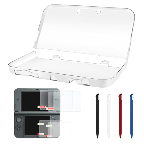3-in-1 Accessories Kit for Nintendo New 3DS XL/LL – Clear Hard Case + Screen Protectors (Tempered Glass & PET) + 4 Stylus Pens – Protective Bundle Compatible with New 3DS LL/XL