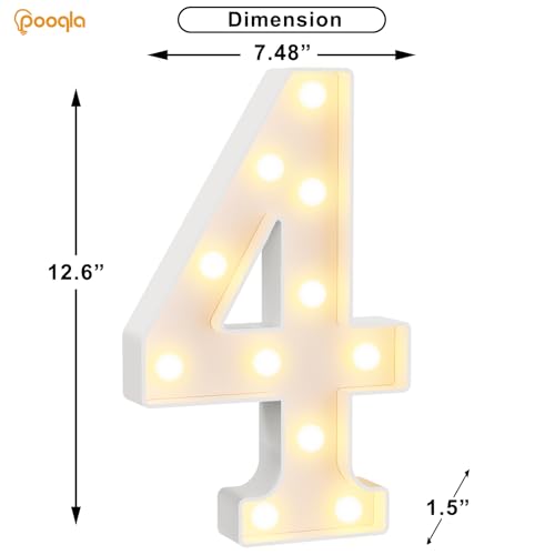 Image of Pooqla Large Light Up Numbers for 4th Birthday Decorations, 12.6 in Tall White Plastic Marquee Numbers Sign Party Decorations, Gift for Girls Boys Night Light Wedding Anniversary Decor, Big Number 4