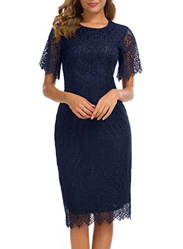 Lace Dress for Womens Vintage Floral Lace with Sleeves Homecoming Cocktail Party Bodycon Casual Midi Sheath Dresses 931 (L, Navy Blue)