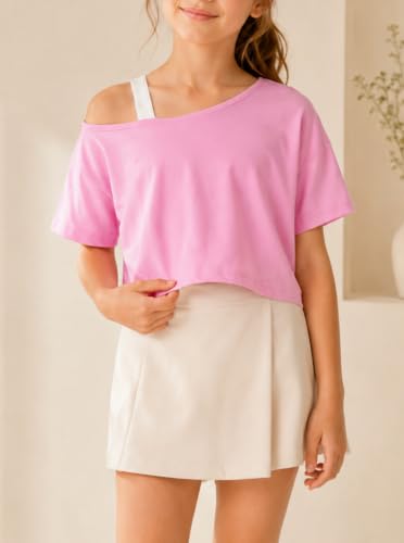 Image of Girls Off The Shoulder Tops Asymmetrical Short Sleeve Crop Top Cute Summer Tee Shirts