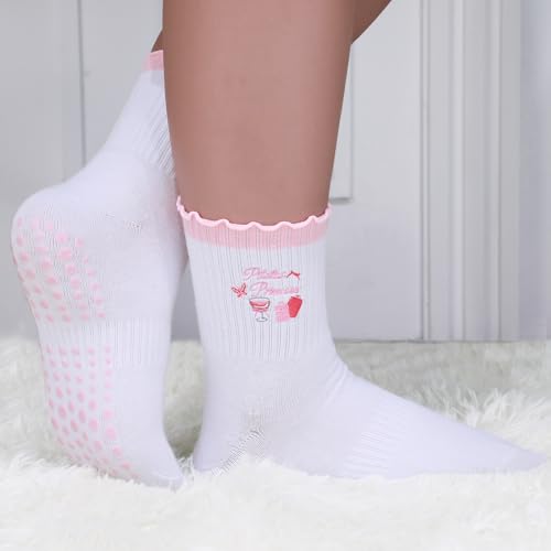 Image of Pilates Grip Yoga Socks For Women Barre Socks Cute Athletic Non Slip Sock | Soft cotton, breathable Non-slip grip sole Ruffle embroidery design For pilates barre yoga Cute women's gift