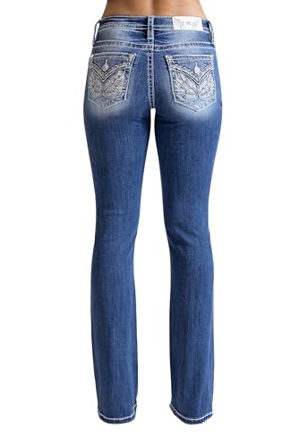 Miss Me Women's Stoned Wings Faux Flap Pocket Mid-Rise Bootcut Jeans