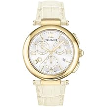 Ferragamo Legacy Collection Luxury Womens Watch Timepieces with a Beige Strap Featuring a Gold Case and a Silver Dial