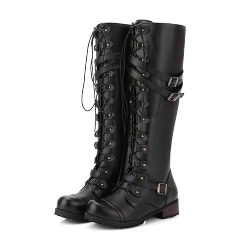 ENWIND Femmes À Lacets Gothiques Punks Boots Bas Talon Large Longues Mollet Motard Bottes Militaires Plate Hiver Le Genou Bottes Hautes en Cuir,Noir,42 EU