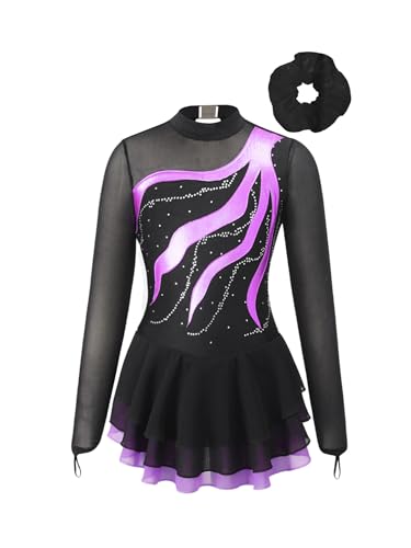 TiaoBug Maillot de Patinaje Artístico para Niñas Maillot de Manga Larga con Falda Tul Maillot de Danza Clásico Leotardo Gimnasia Rítmica Traje de Baile F Morado 9-10 años