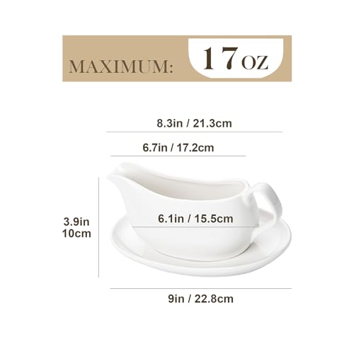 Image of MALACASA 17 oz Gravy Boat with Saucer Stand, Porcelain Sauce Boat with Tray for Salad Dressings, Creamer, Broth, Milk, Ergonomic Handle, Microwave & Dishwasher Safe (White)