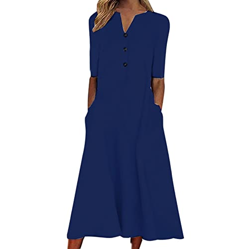 AMhomely Women Dress Sale Clearance Summer Printing Causal V-Neck Button Short Sleeve Vacation Pockets UK Ladies Party Elegant Beach Club Cocktail Work Dresses Evening Gowns Dark Blue 4