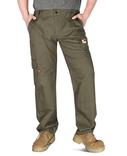 Image of KONRECO FR Pants for Men Cargo Pockets Flame Resistant 7.5oz 100% Cotton Elastic Waist Work Pants Army Green