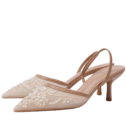 Cantianshu Mesh Slingback Pumps Shoes for Women Rhinestone Pointed Toe Pumps Stiletto Heels Dress High Heels Evening Party Pumps Brown Size Size 37