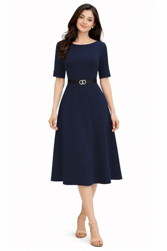 Image of Women's Elegant Midi Dress with Belt | Half Sleeve Fit & Flare Casual Dress | Knee Length Office Party Western Dress for Women