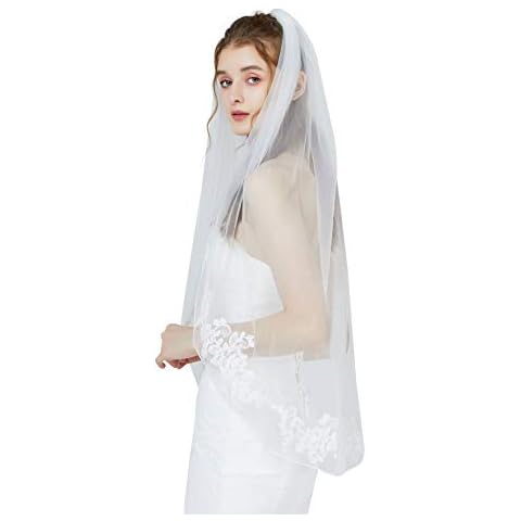 BEAUTELICATE Schleier Brautschleier Spitzenborte für Braut Hochzeit Softtüll Weiß Ivory Fingerspitzen Länge mit Metall Kamm Kurbelkante 1 Schicht(Hellelfenbein, Länge: 100 cm * Weite: 130 cm Cover