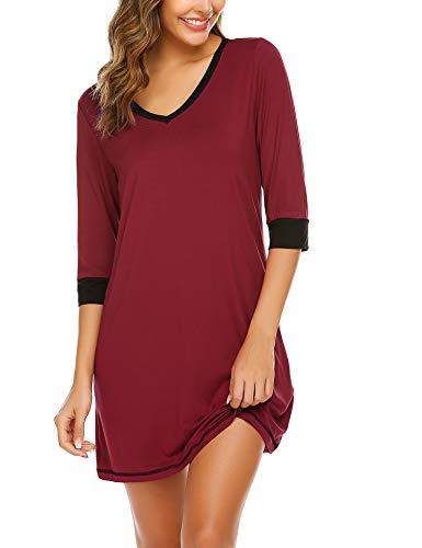 Ekouaer Sleepwear Women Night Shirts V Neck Nightgowns Casual Sleep Shirt 3/4 Sleeve Nightwear Comfy Nighties Wine Red L