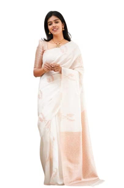 Image of Flosive Women's Kanjivaram Soft Lichi Silk Saree With Blouse Piece (White)