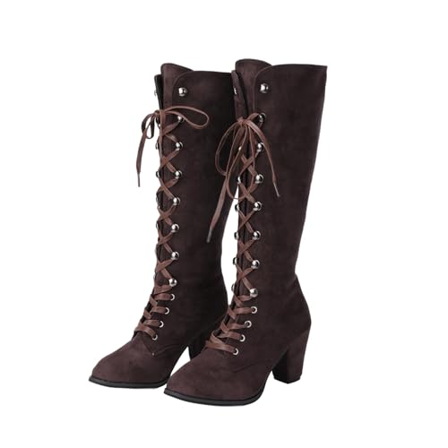 BALINGNIANDAI Fashionable Women High-Heeled Mid Calf Boots Knight Lace-Up Suede Shoes, Brown, 7.5
