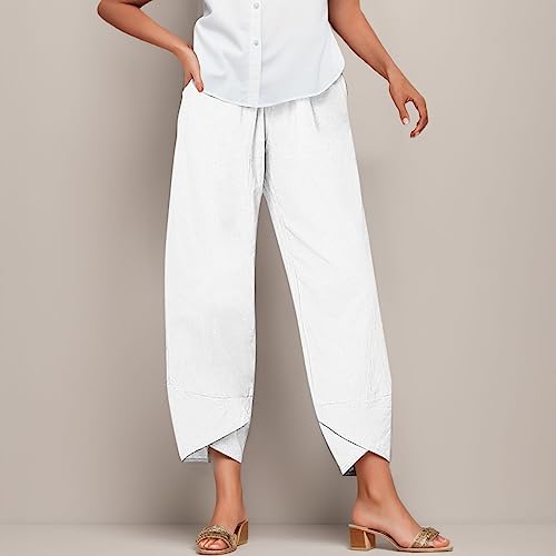 Generic Linen Pants Women Petite 2024 Summer Pants For Women Casual Pockets Cotton Linen Wide Leg Drawstring Elastic Waist Capris Crop Pants Slacks Trendy 2024 Pajamas Tall Long Straight Leg Vacation2
