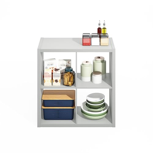 Image of Furinno HERMITE Kitchen Island, 4-Cube Coffee Bar, Extra Thick Kitchen Storage, Bakers Rack, for Pantry Organizers and Storage, Kitchen Organization, Light Grey