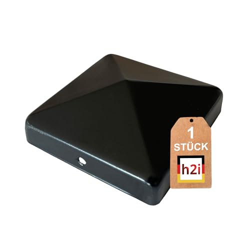 h2i Pfostenkappe | Stahl Schwarz pulverbeschichtet | 91 x 91 mm | 1 Stück | Abdeckkappe für Garten Holz-Pfosten Pfostenträger & Zaunpfosten in Pyramidenform | Wetterschutz für Holz-Balken