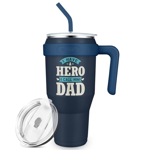 Sursip 40 oz Insulated Tumbler with Handle and Straw-Stainless Steel Vacuum Insulated Mug,Gifts for Women Men Him Her,Iced Tea or Coffee,My Hero Dad(Dark Blue)