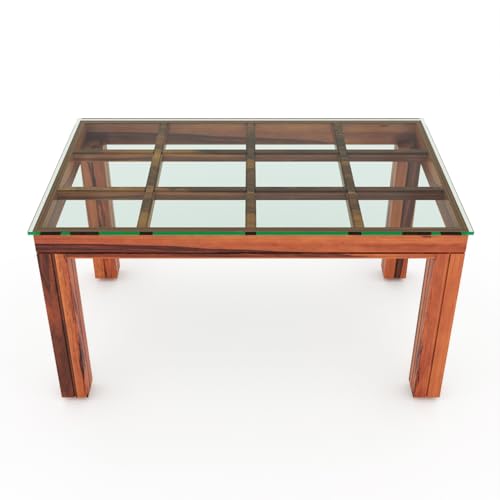 Image of Solid Sheesham Wood Dining Glass Top Table Set of 6| Wooden 6 Seater Dining Table with 6 Chairs with Cushion|Wood Dining Table & Chairs for Home, Restaurant, Dining Room |Honey Finish