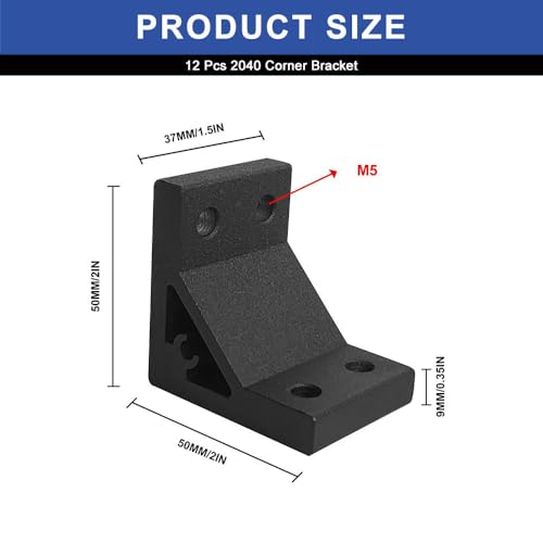 Image of 12pcs 2040 Angle Bracket Corner 2040 Extruded Aluminum Hardware V-Slot Accessories T-Slotted with T Nuts and Screws for 2040 Aluminum Profile 3D Printer Frame Accessories Black