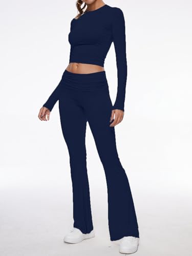 Image of AnotherChill Women's Long Sleeve Top Foldover Flare Pants Lounge Set | 2 piece cropped shirt and slim flare trousers comfy loungewear, soft modal casual matching sets, travel airport outfits
