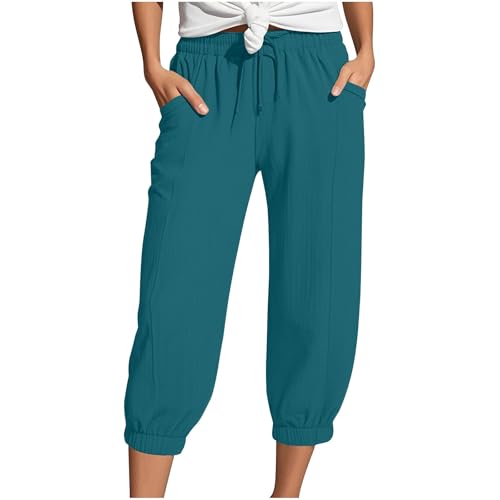 Pantalones capri para mujer, de cintura alta, con cordón, pantalones capri ligeros con bolsillos, de algodón y lino, pantalones de pierna ancha rectos, talla grande S-5XL, azul, XL
