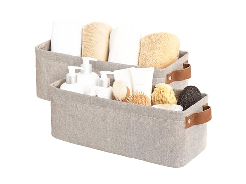 StorageWorks Cajas de almacenamiento estrechas, cestas largas para organizar el armario, cajas delgadas con asas y estructura metálica, contenedores decorativos para estanterías, marrón, pack de 2