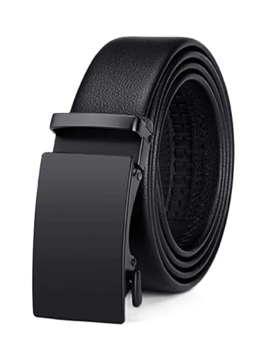 Men's Genuine Leather Ratchet Belt, Adjustable Click Slide Buckle, Trim to Fit