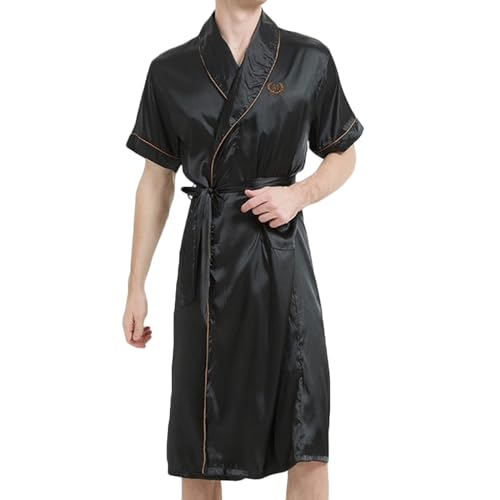 Mens Silk Satin Bathrobe Silky Lightweight Robe Turndown Collar Pajama Tie Straps Nightgown Short Sleeves Sleepwear