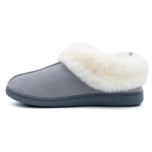 Jerzmy House Slippers for Women, Memory Foam Fuzzy Woman Slippers Suede Faux Fur with Arch Support Plush Lining Collar, Comfy Warm Winter Home Shoes for Indoor Outdoor Grey Size 11