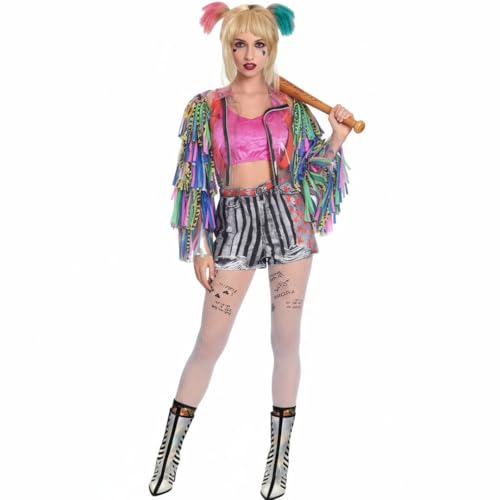 Disfraz de aves de presa para mujer, conjunto de disfraz de Halloween con chaqueta, parte superior, pantalones cortos, tirantes, medias, peluca, pintura facial y murciélago inflable, traje de cosplay