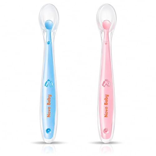 Image of Novo Baby Silicone Spoon for Baby | Set of 2 Feeding Spoons with Ultra-Soft 100% Food-Grade Silicone Tips, BPA-Free Utensils for Baby Weaning, Ideal for Infants 4M+ (Pink & Blue)