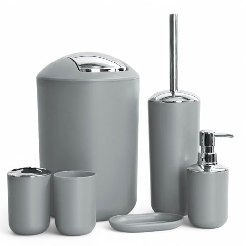 6tlg Badset Badezimmer Zubehör Set Organizer: Seifenspender, Zahnputzbecher, Kosmetikeimer, WC Bürste und Halter, Seifenschale, Mülleimer, Zahnbürstenhalter, Badgarnitur (Grau Design 2)