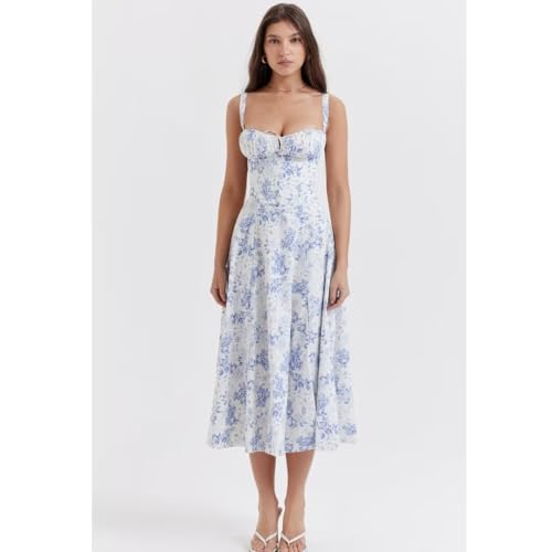 Image of Floral Corset Midi Dress Square Neck A Line Dress with Slit | Square neck floral midi dress with front tie bust wide straps A-line skirt side slit and lightweight fabric