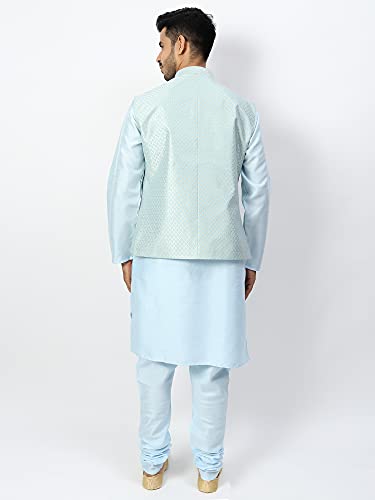 Image of Uri and MacKenzie Men's Silk Blend Regular Kurta Churidar Pyjama with Bundi Nehru Jacket /Waistcoat