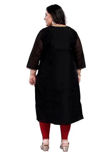 Image of DREAM & DZIRE Women's Chanderi Cotton Kurti | Floral Hand Embroidery | 3 /4 Sleeve | Round Neck | Calf Length Straight Kurta | Beige | S to 8XL Plus Size