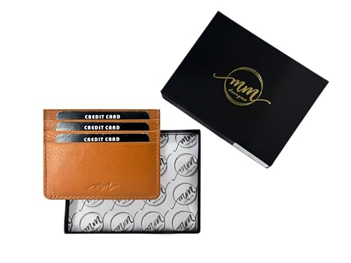 Image of MM Designs | Slim Leather Credit Card Holder for Men and Women | Genuine Leather RFID Blocking | Minimalist Wallet with 6 Card Slots (Gold Tan)
