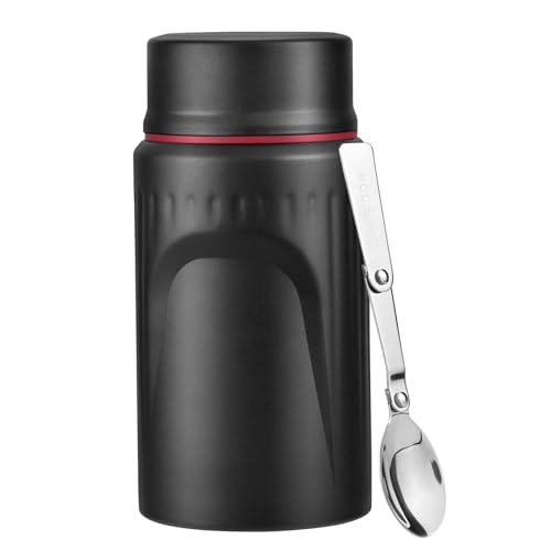 Food Flask, 750ml Vacuum Insulated Food Jar Stainless Steel Double Walled Vacuum Insulated Food Containers for Hot Cold Food, Kids and Adults Leakproof Soup Flask with Folding Spoon - Black