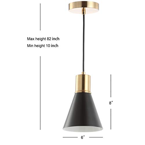 Image of JONATHAN Y Apollo Mid-Century 1-Light Pendant 6 inch, Black /Brass Gold | Modern, Adjustable Height, Metal Cone Shade, Kitchen Island, Hallway, UL Listed, Slope-Compatible, LED Bulb Included