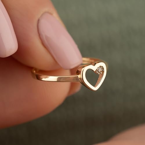 14K Real Solid Gold Ring for Women, Open Heart with Small Simulated Diamond Ring for Engagement Wedding3