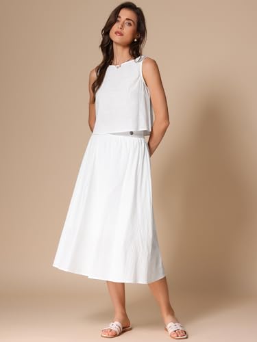 Allegra K Women Summer 2 Piece Outfits Round Neck Sleeveless Crop Top Midi Skirts Set Beige L - Image 3