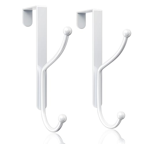 niffgaff Over Door Hook 2-Pack Heavy Duty Door Hanger Fits Interior Doors 1.4 Inches Thick Organize Coats Hats Towels and Bags for Entryways Bathrooms Bedrooms and Kitchens White