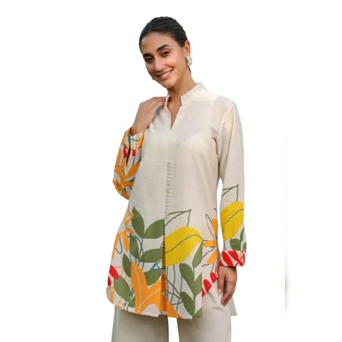 Womentus Women's Indian Wear 2 piece set Cord Set, Casual Wear Set, 3/4 Sleeve Top with Floral Print and Embroidery work, Casual Pants (Off White, M)