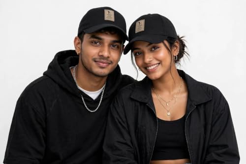 Image of Black Baseball Cap with Leather Patch, Casual Unisex Sports Hat, Adjustable Fit-Free Size