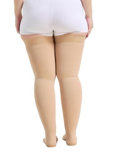 Image of Thigh High Compression Stockings 20-30mmHg Closed Toe - Extra Wide Calf Support for Varicose Veins & Pregnancy, Non-Slip Band, Size 4X-Large, Beige
