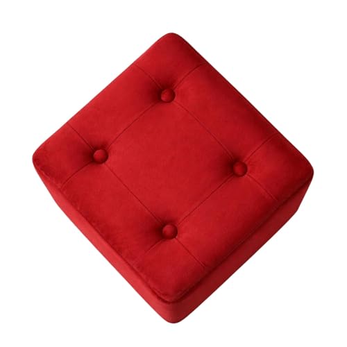 Image of Velvet Cube Ottoman Stool | Upholstered Pouffe with Tufted Design | Soft Footrest Sofa Side Stool for Living Room, Bedroom & Lounge - Red