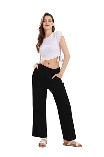 Image of CHARTOU Women's Summer Drawstring Waist Wide Leg Loose Cotton Linen Palazzo Pants