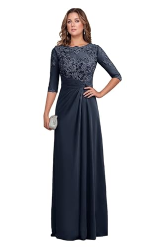 Chiffon Mother of The Bride Dresses Lace 2026 Half Sleeve Long Navy Blue Wedding Guest Dresses for Women US14