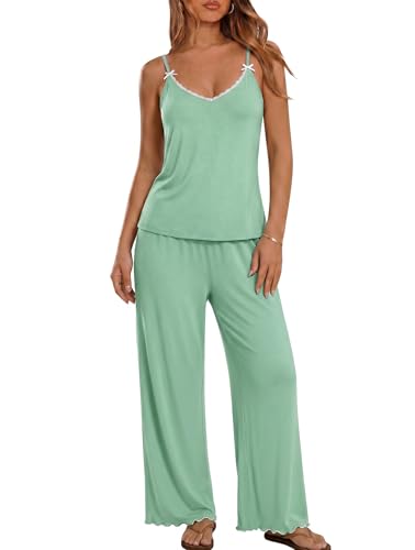 Image of Ekouaer Womens Y2K Cami Pajama Set with Flare Pants, 2 Piece Lace Trim Sleepwear Spaghetti Strap Pjs Set XS-2XL