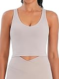 Sunzel Women V-Neck Longline Sports Bras Low U Back Workout Yoga Athletic Crop Tank Top with Built in Bra Beige Small